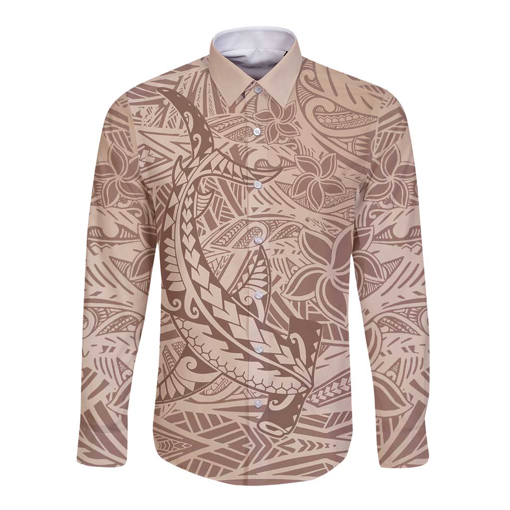 Pastel Brown Polynesia Long Sleeve Button Shirt Hawaiian Tribal Hammerhead Shark Tattoo LT14 Unisex Pastel Brown - Polynesian Pride