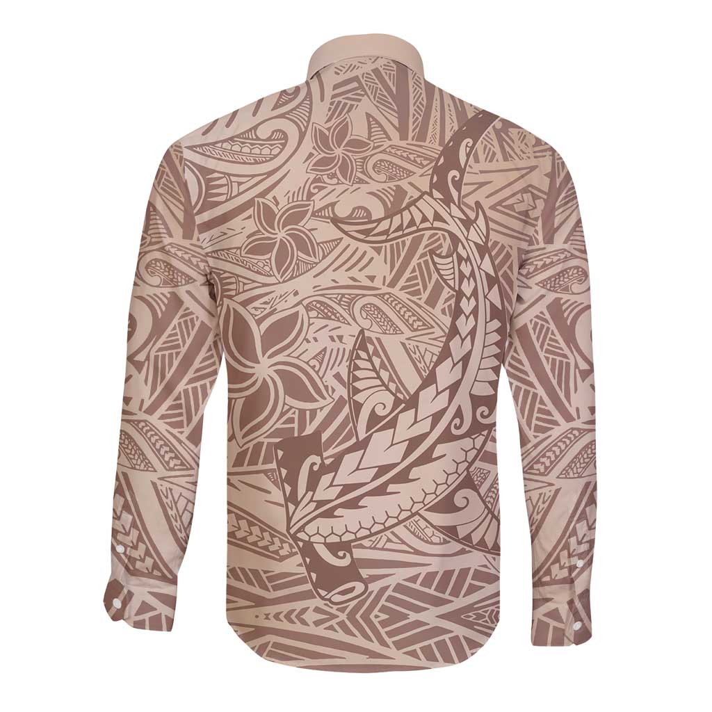 Pastel Brown Polynesia Long Sleeve Button Shirt Hawaiian Tribal Hammerhead Shark Tattoo LT14 - Polynesian Pride
