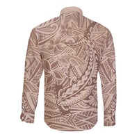 Pastel Brown Polynesia Long Sleeve Button Shirt Hawaiian Tribal Hammerhead Shark Tattoo LT14 - Polynesian Pride