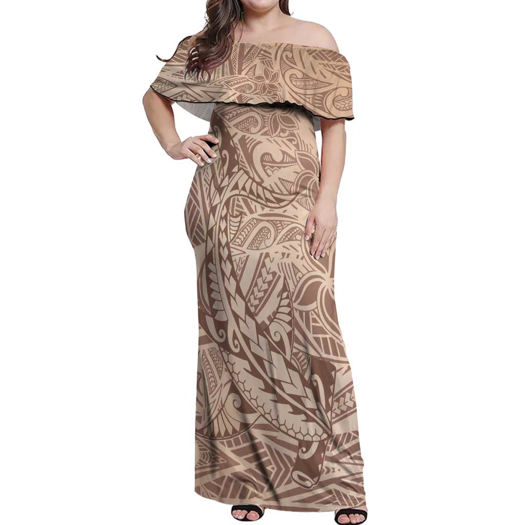 Pink Gradient Polynesia Off Shoulder Maxi Dress Hawaiian Tribal Hammerhead Shark Tattoo
