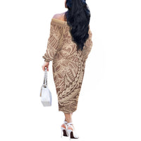 Pastel Brown Polynesia Off The Shoulder Long Sleeve Dress Hawaiian Tribal Hammerhead Shark Tattoo LT14 - Polynesian Pride