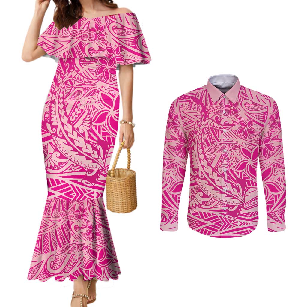 Beige Gradient Polynesia Couples Matching Mermaid Dress and Long Sleeve Button Shirt Hawaiian Tribal Hammerhead Shark Tattoo