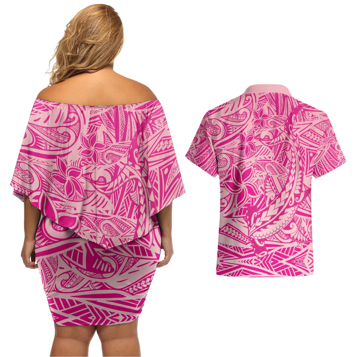 Beige Gradient Polynesia Couples Matching Off Shoulder Short Dress and Hawaiian Shirt Hawaiian Tribal Hammerhead Shark Tattoo
