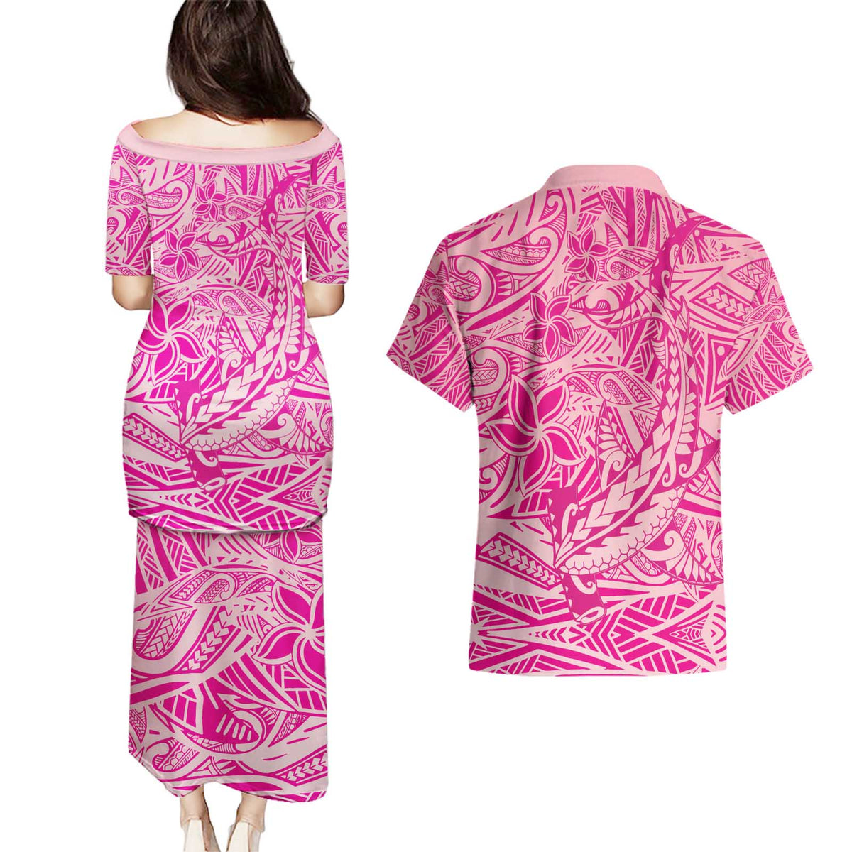 Beige Gradient Polynesia Couples Matching Puletasi and Hawaiian Shirt Hawaiian Tribal Hammerhead Shark Tattoo