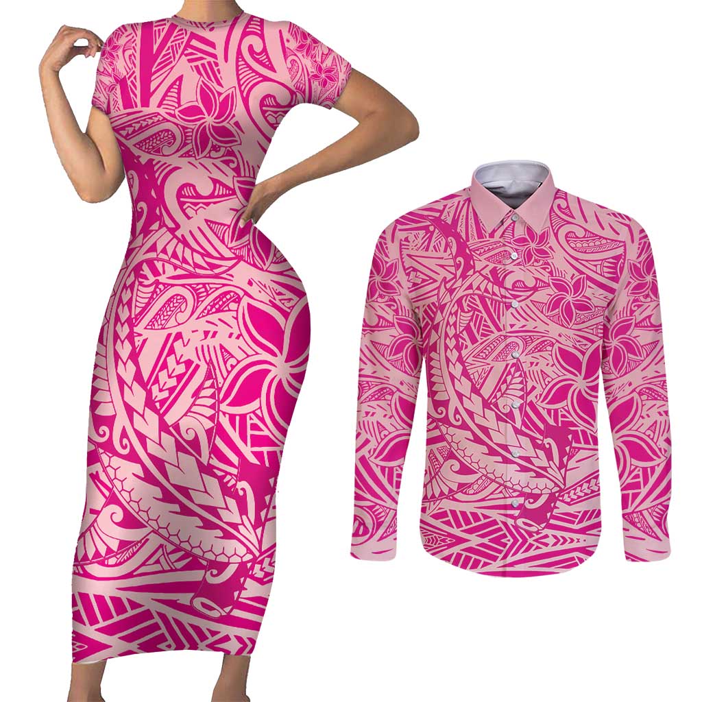 Beige Gradient Polynesia Couples Matching Short Sleeve Bodycon Dress and Long Sleeve Button Shirt Hawaiian Tribal Hammerhead Shark Tattoo