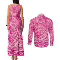 Beige Gradient Polynesia Couples Matching Tank Maxi Dress and Long Sleeve Button Shirt Hawaiian Tribal Hammerhead Shark Tattoo