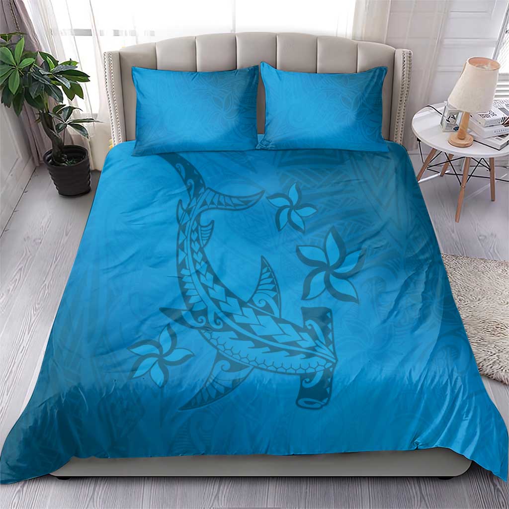 Blue Gradient Polynesia Bedding Set Hawaiian Tribal Hammerhead Shark Tattoo