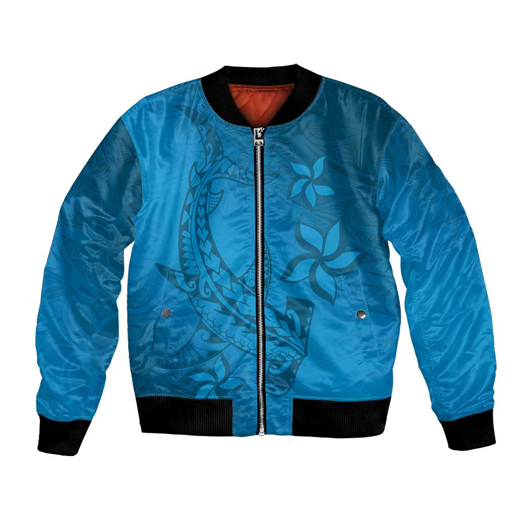 Blue Gradient Polynesia Bomber Jacket Hawaiian Tribal Hammerhead Shark Tattoo