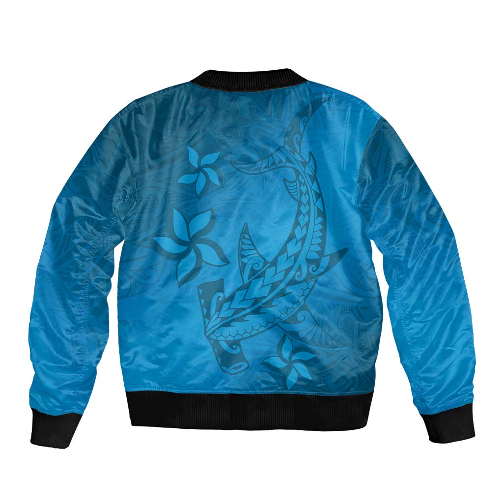 Blue Gradient Polynesia Bomber Jacket Hawaiian Tribal Hammerhead Shark Tattoo