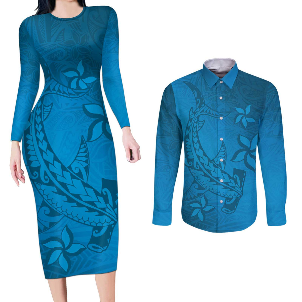 Blue Gradient Polynesia Couples Matching Long Sleeve Bodycon Dress and Long Sleeve Button Shirt Hawaiian Tribal Hammerhead Shark Tattoo