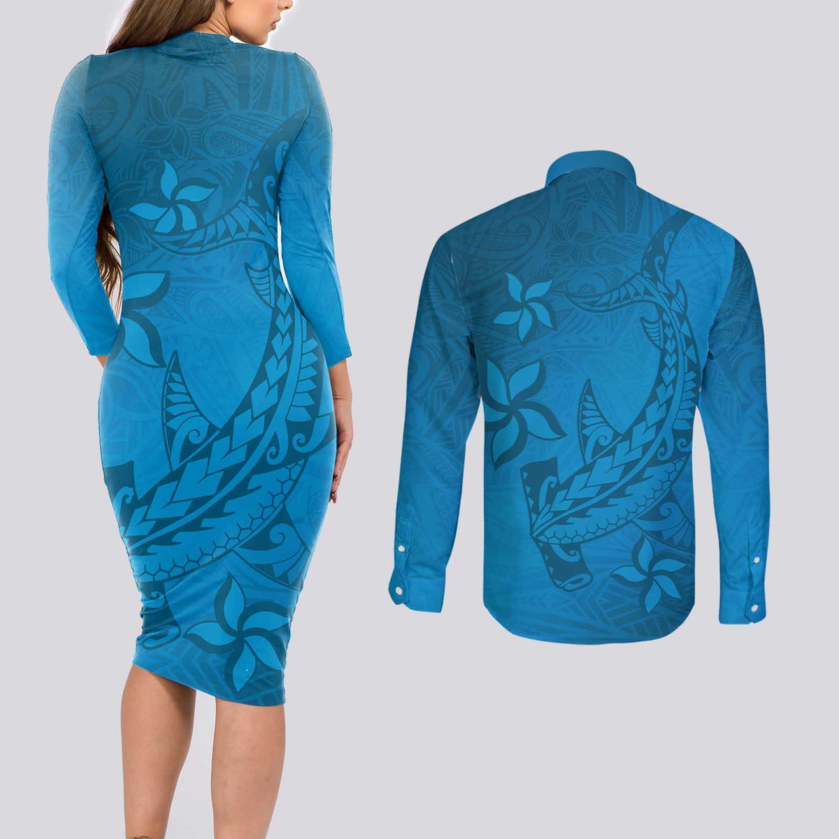 Blue Gradient Polynesia Couples Matching Long Sleeve Bodycon Dress and Long Sleeve Button Shirt Hawaiian Tribal Hammerhead Shark Tattoo