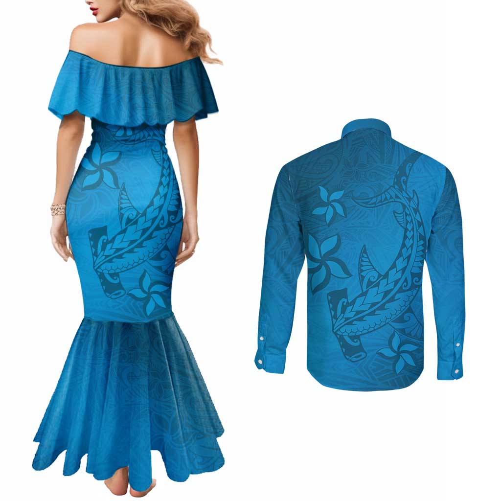 Blue Gradient Polynesia Couples Matching Mermaid Dress and Long Sleeve Button Shirt Hawaiian Tribal Hammerhead Shark Tattoo