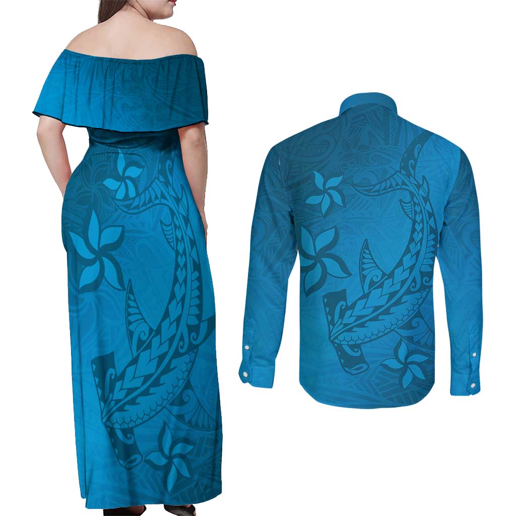 Blue Gradient Polynesia Couples Matching Off Shoulder Maxi Dress and Long Sleeve Button Shirt Hawaiian Tribal Hammerhead Shark Tattoo