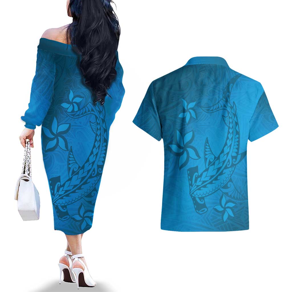 Blue Gradient Polynesia Couples Matching Off The Shoulder Long Sleeve Dress and Hawaiian Shirt Hawaiian Tribal Hammerhead Shark Tattoo