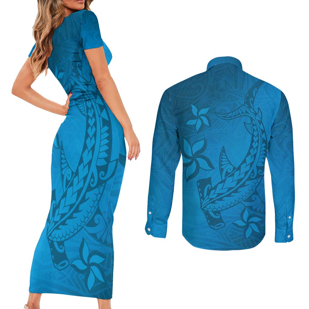 Blue Gradient Polynesia Couples Matching Short Sleeve Bodycon Dress and Long Sleeve Button Shirt Hawaiian Tribal Hammerhead Shark Tattoo