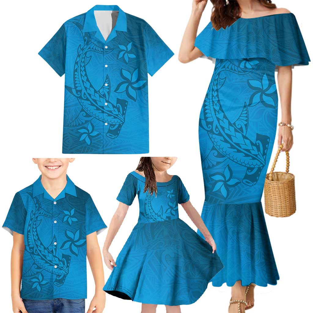 Blue Gradient Polynesia Family Matching Mermaid Dress and Hawaiian Shirt Hawaiian Tribal Hammerhead Shark Tattoo
