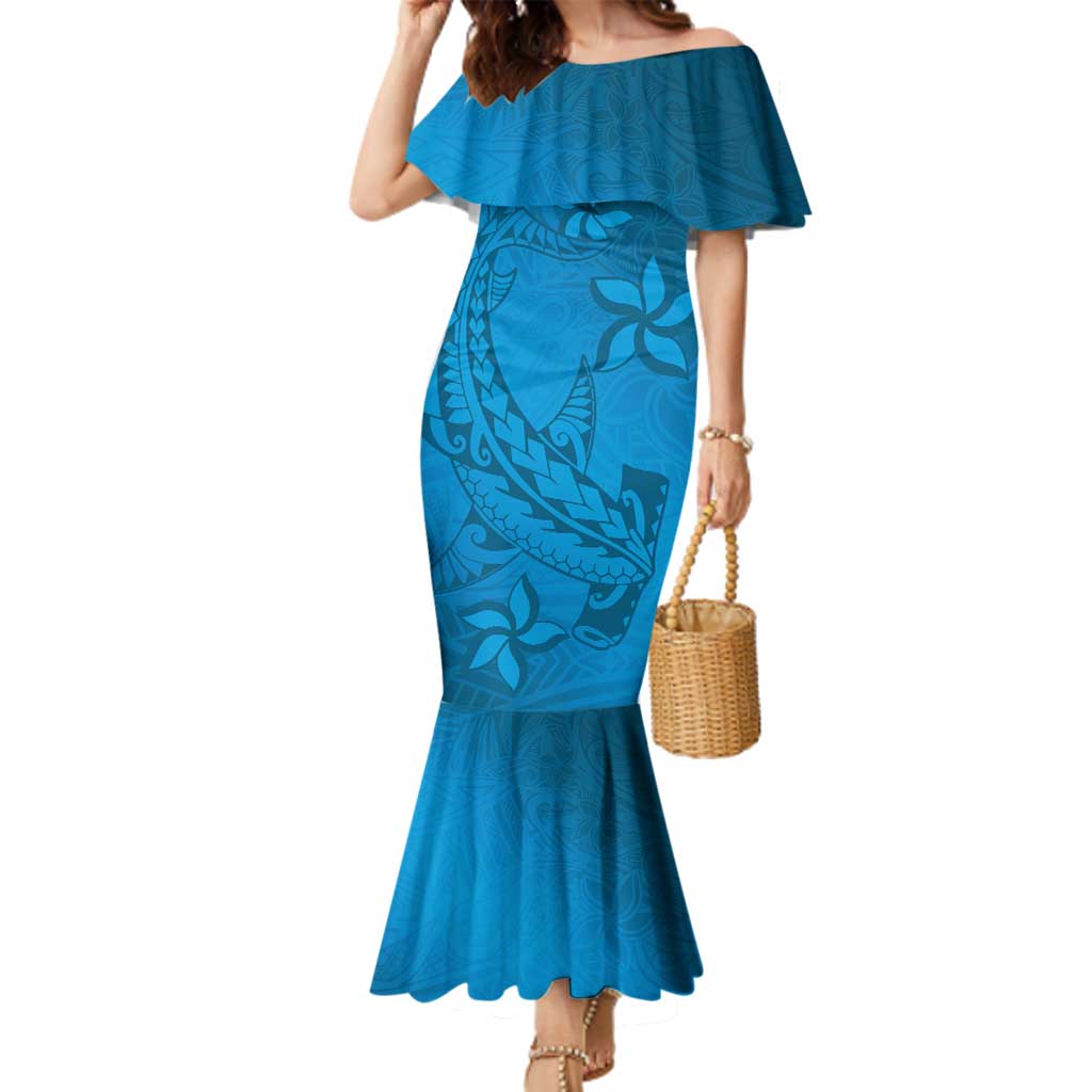 Blue Gradient Polynesia Family Matching Mermaid Dress and Hawaiian Shirt Hawaiian Tribal Hammerhead Shark Tattoo