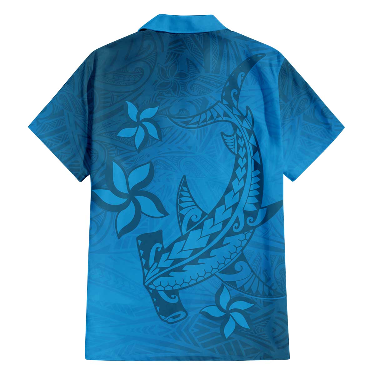 Blue Gradient Polynesia Family Matching Off Shoulder Short Dress and Hawaiian Shirt Hawaiian Tribal Hammerhead Shark Tattoo