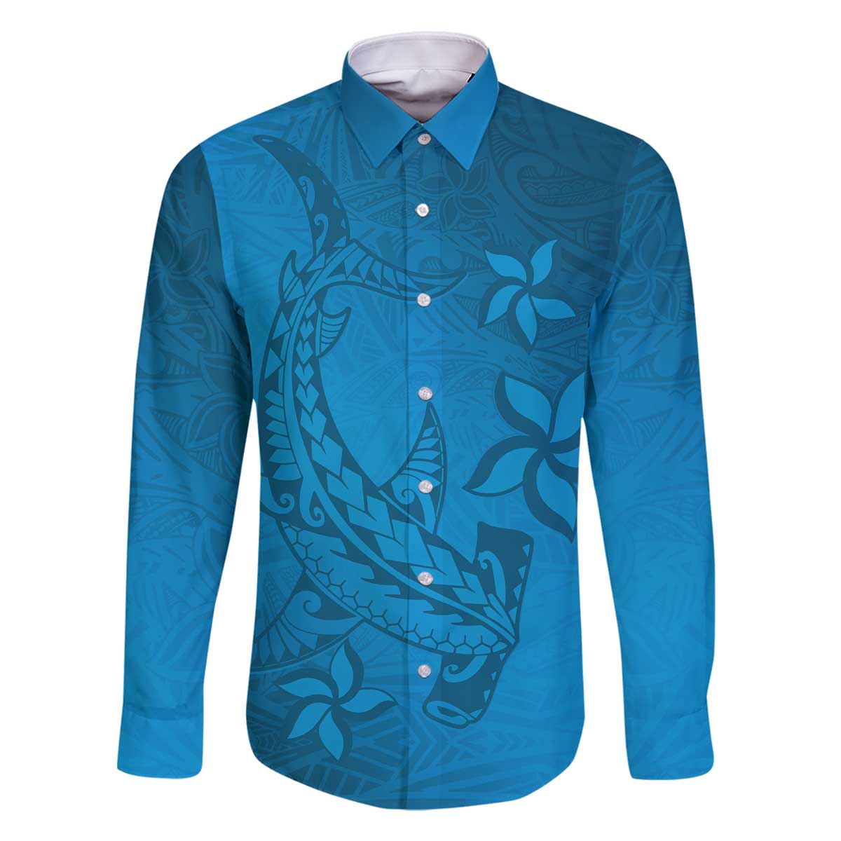 Blue Gradient Polynesia Family Matching Off Shoulder Short Dress and Hawaiian Shirt Hawaiian Tribal Hammerhead Shark Tattoo