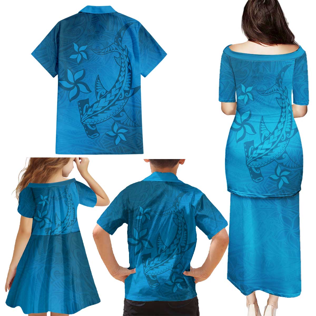 Blue Gradient Polynesia Family Matching Puletasi and Hawaiian Shirt Hawaiian Tribal Hammerhead Shark Tattoo