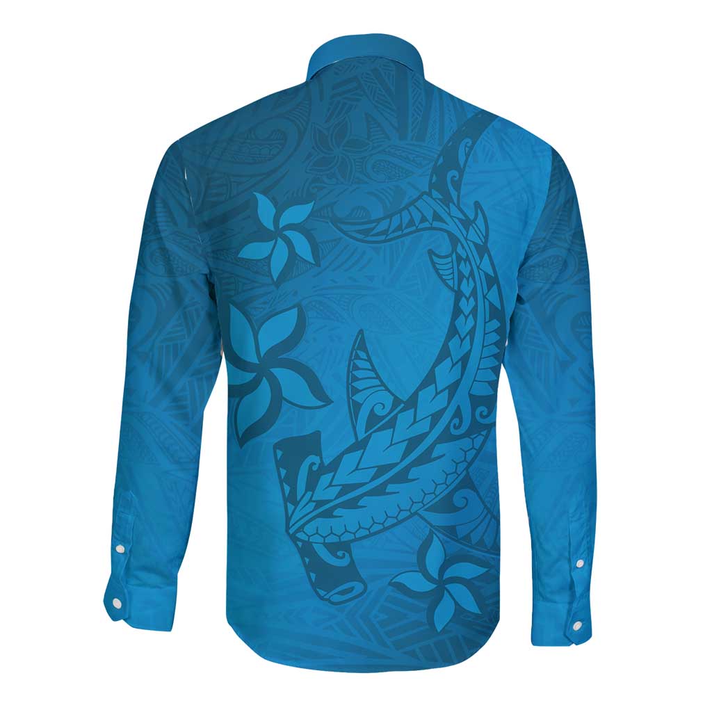 Blue Gradient Polynesia Long Sleeve Button Shirt Hawaiian Tribal Hammerhead Shark Tattoo