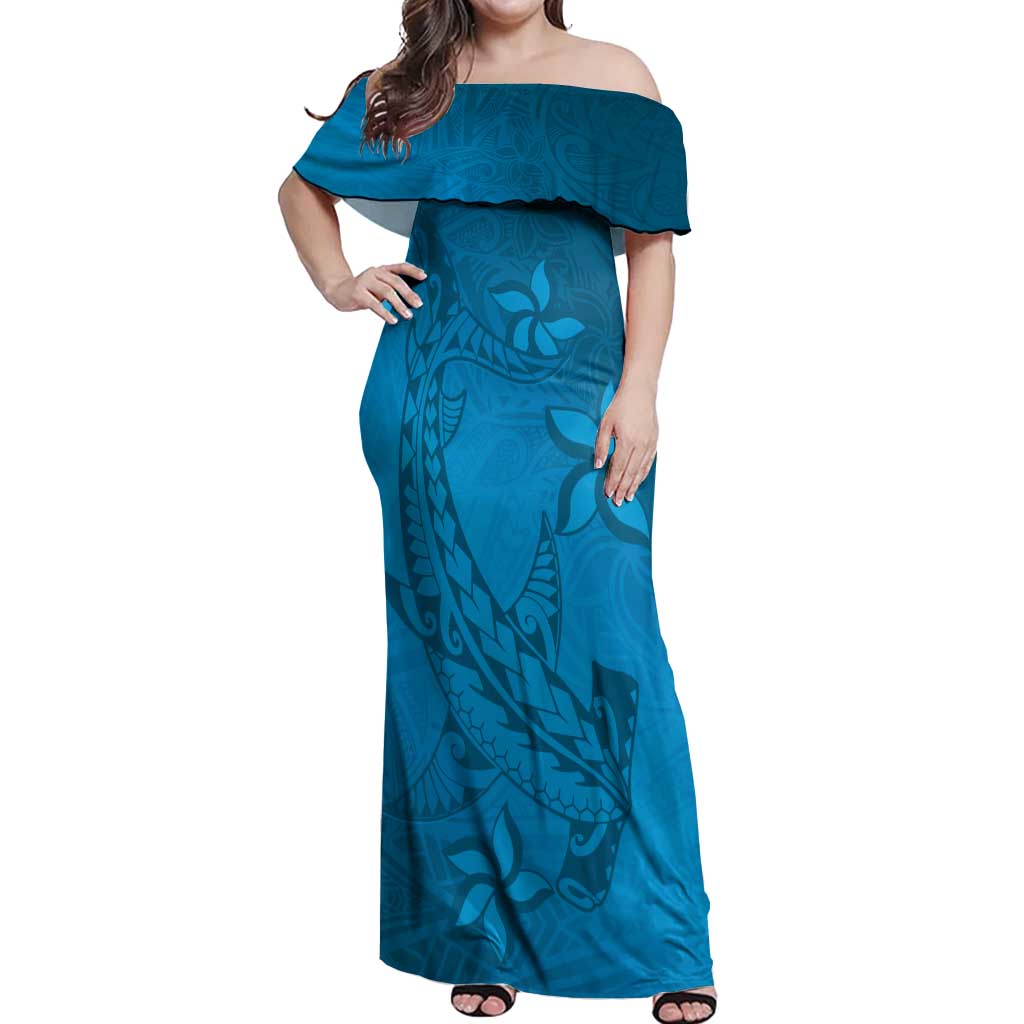 Blue Gradient Polynesia Off Shoulder Maxi Dress Hawaiian Tribal Hammerhead Shark Tattoo