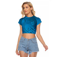 Blue Gradient Polynesia Raglan Cropped T Shirt Hawaiian Tribal Hammerhead Shark Tattoo