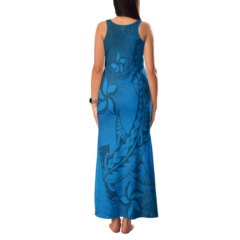 Blue Gradient Polynesia Tank Maxi Dress Hawaiian Tribal Hammerhead Shark Tattoo
