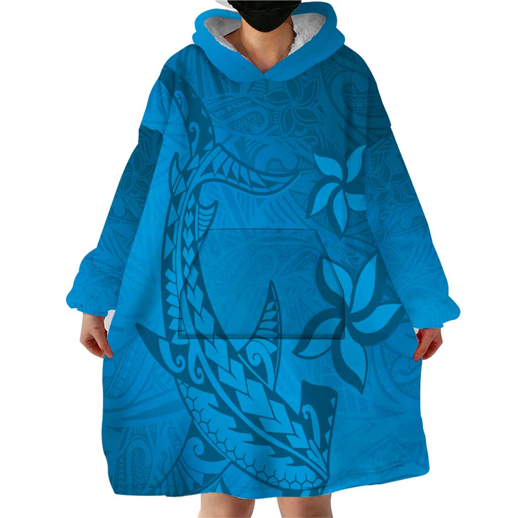 Blue Gradient Polynesia Wearable Blanket Hoodie Hawaiian Tribal Hammerhead Shark Tattoo