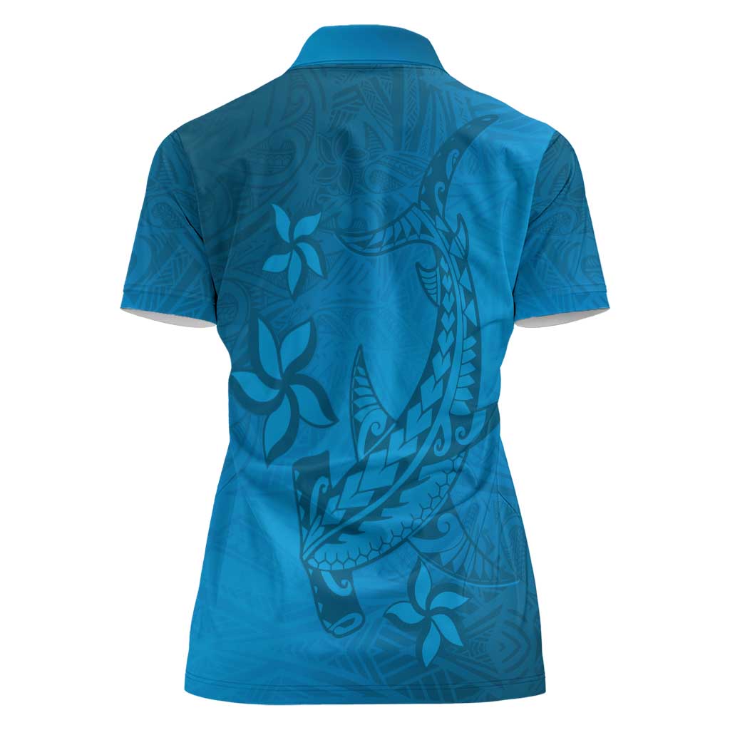 Blue Gradient Polynesia Women Polo Shirt Hawaiian Tribal Hammerhead Shark Tattoo