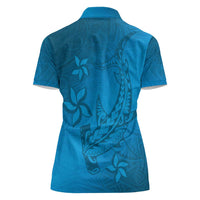 Blue Gradient Polynesia Women Polo Shirt Hawaiian Tribal Hammerhead Shark Tattoo