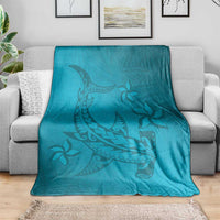 Dark Cyan Gradient Polynesia Blanket Hawaiian Tribal Hammerhead Shark Tattoo