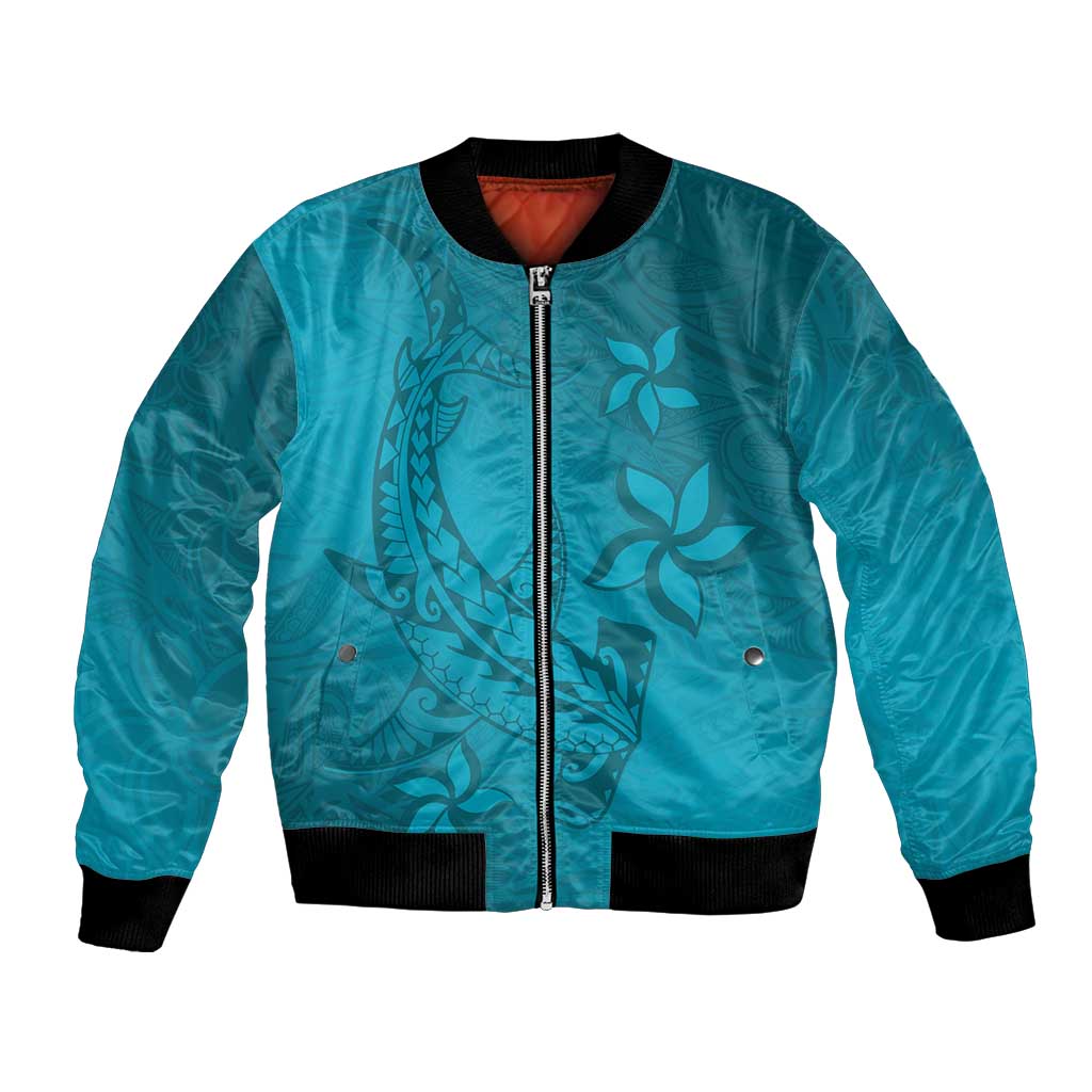 Dark Cyan Gradient Polynesia Bomber Jacket Hawaiian Tribal Hammerhead Shark Tattoo