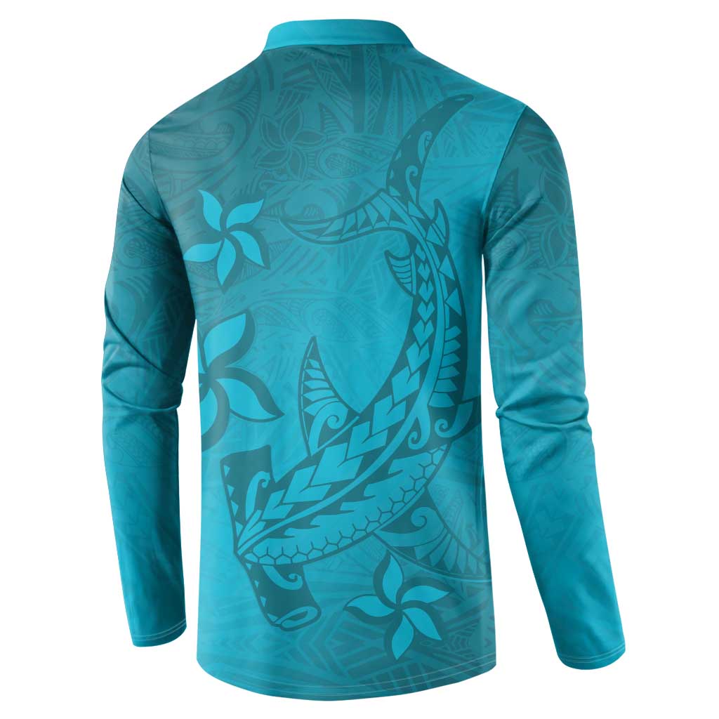 Dark Cyan Gradient Polynesia Button Sweatshirt Hawaiian Tribal Hammerhead Shark Tattoo