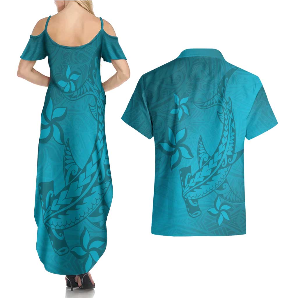 Dark Cyan Gradient Polynesia Couples Matching Summer Maxi Dress and Hawaiian Shirt Hawaiian Tribal Hammerhead Shark Tattoo
