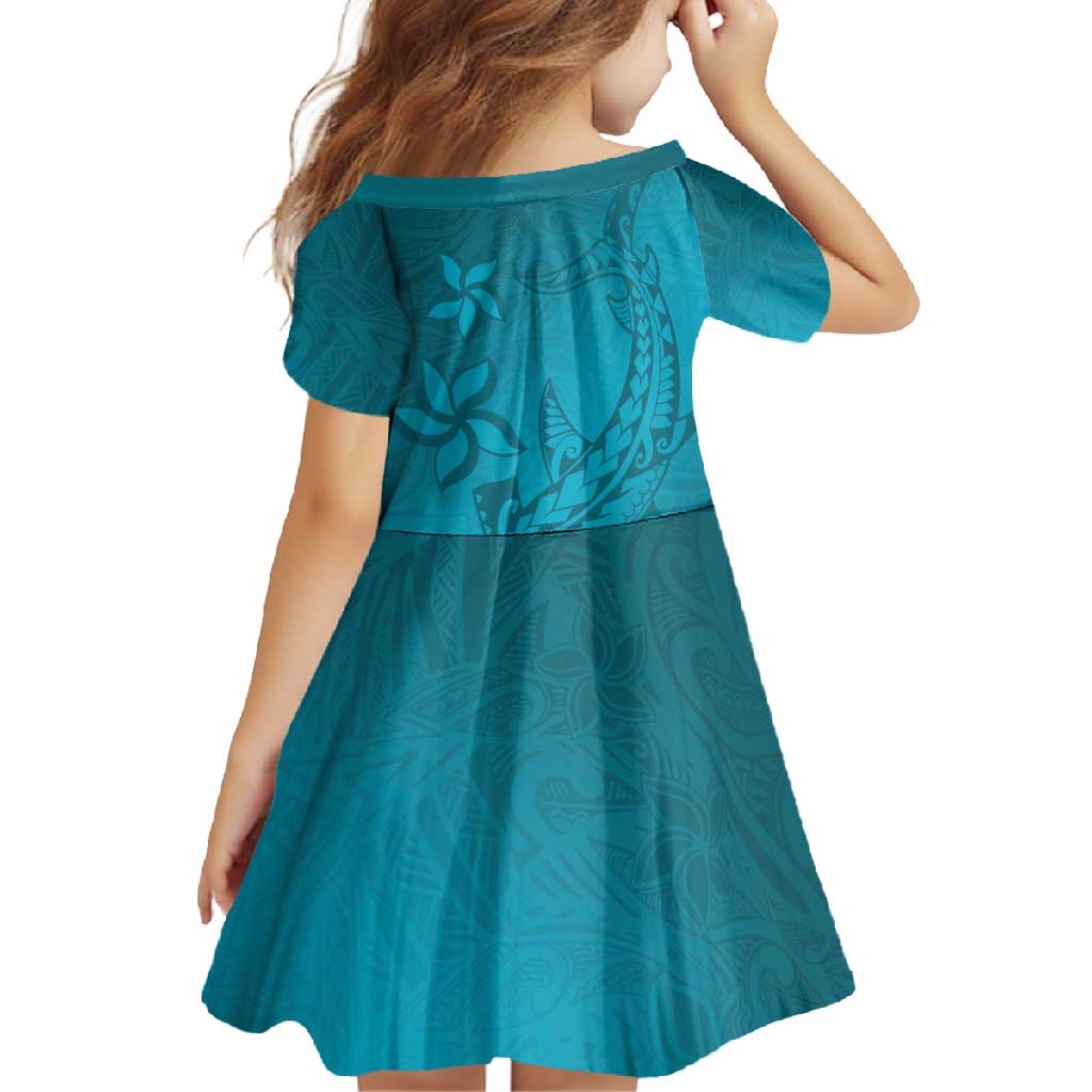 Dark Cyan Gradient Polynesia Family Matching Long Sleeve Bodycon Dress and Hawaiian Shirt Hawaiian Tribal Hammerhead Shark Tattoo