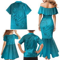 Dark Cyan Gradient Polynesia Family Matching Mermaid Dress and Hawaiian Shirt Hawaiian Tribal Hammerhead Shark Tattoo