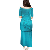 Dark Cyan Gradient Polynesia Family Matching Puletasi and Hawaiian Shirt Hawaiian Tribal Hammerhead Shark Tattoo