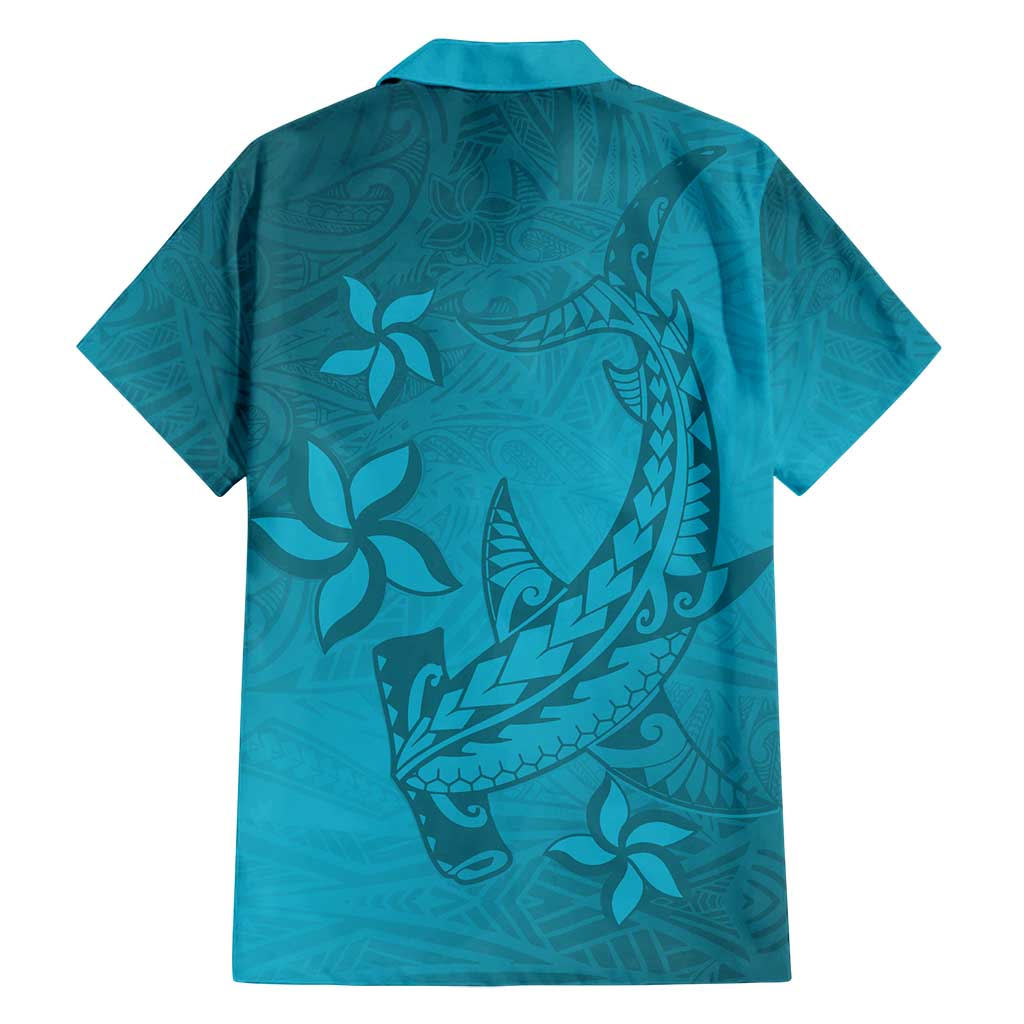 Dark Cyan Gradient Polynesia Family Matching Summer Maxi Dress and Hawaiian Shirt Hawaiian Tribal Hammerhead Shark Tattoo