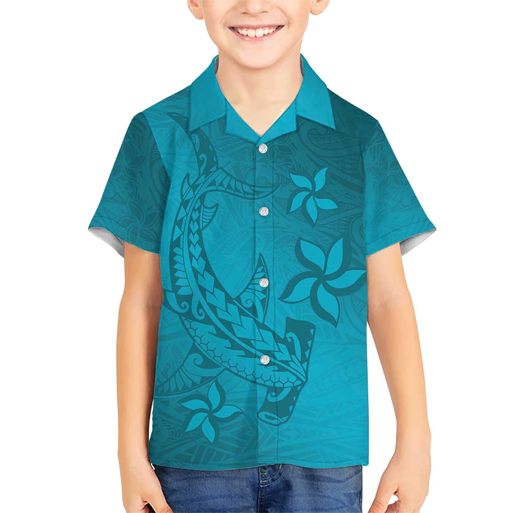 Dark Cyan Gradient Polynesia Kid Hawaiian Shirt Hawaiian Tribal Hammerhead Shark Tattoo LT14 Kid Dark Cyan - Polynesian Pride