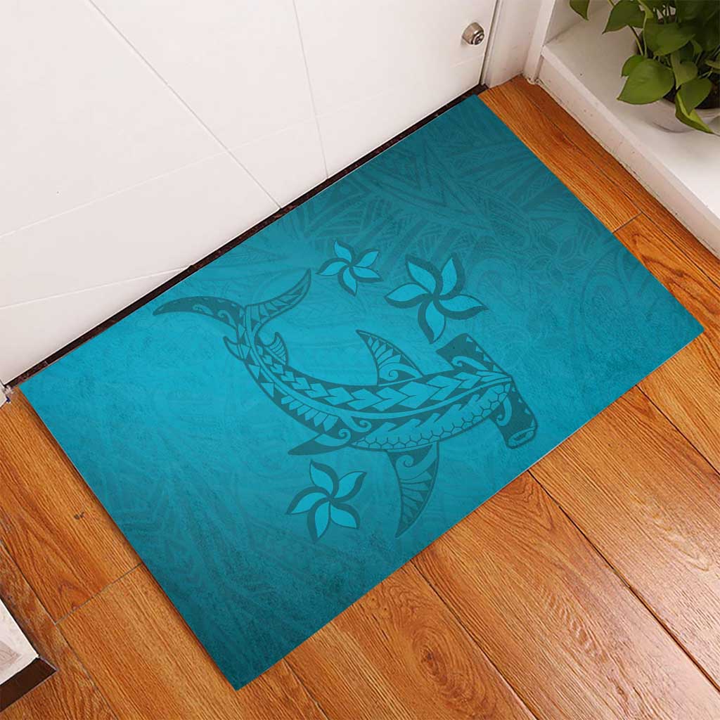 Dark Cyan Gradient Polynesia Rubber Doormat Hawaiian Tribal Hammerhead Shark Tattoo