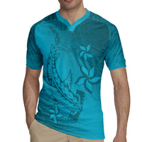 Dark Cyan Gradient Polynesia Rugby Jersey Hawaiian Tribal Hammerhead Shark Tattoo