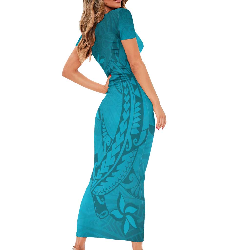 Dark Cyan Gradient Polynesia Short Sleeve Bodycon Dress Hawaiian Tribal Hammerhead Shark Tattoo