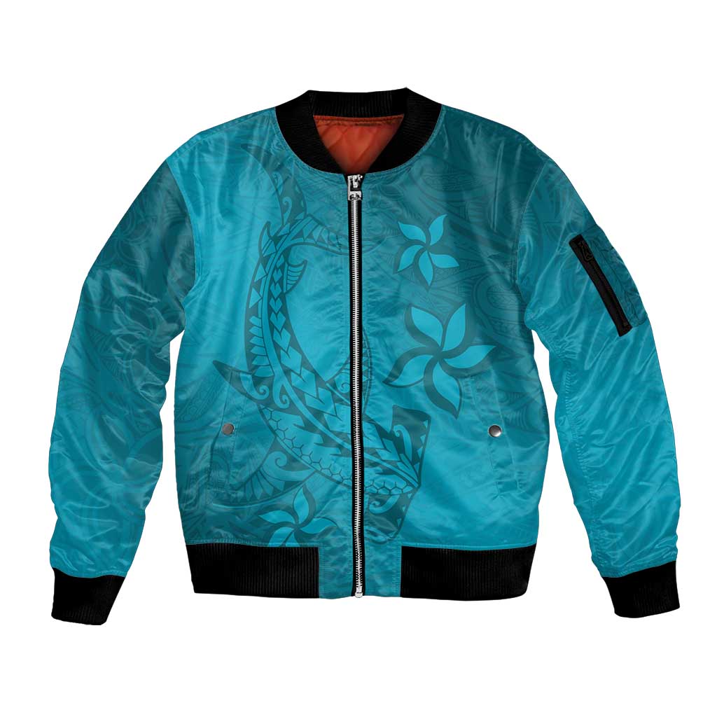 Dark Cyan Gradient Polynesia Sleeve Zip Bomber Jacket Hawaiian Tribal Hammerhead Shark Tattoo