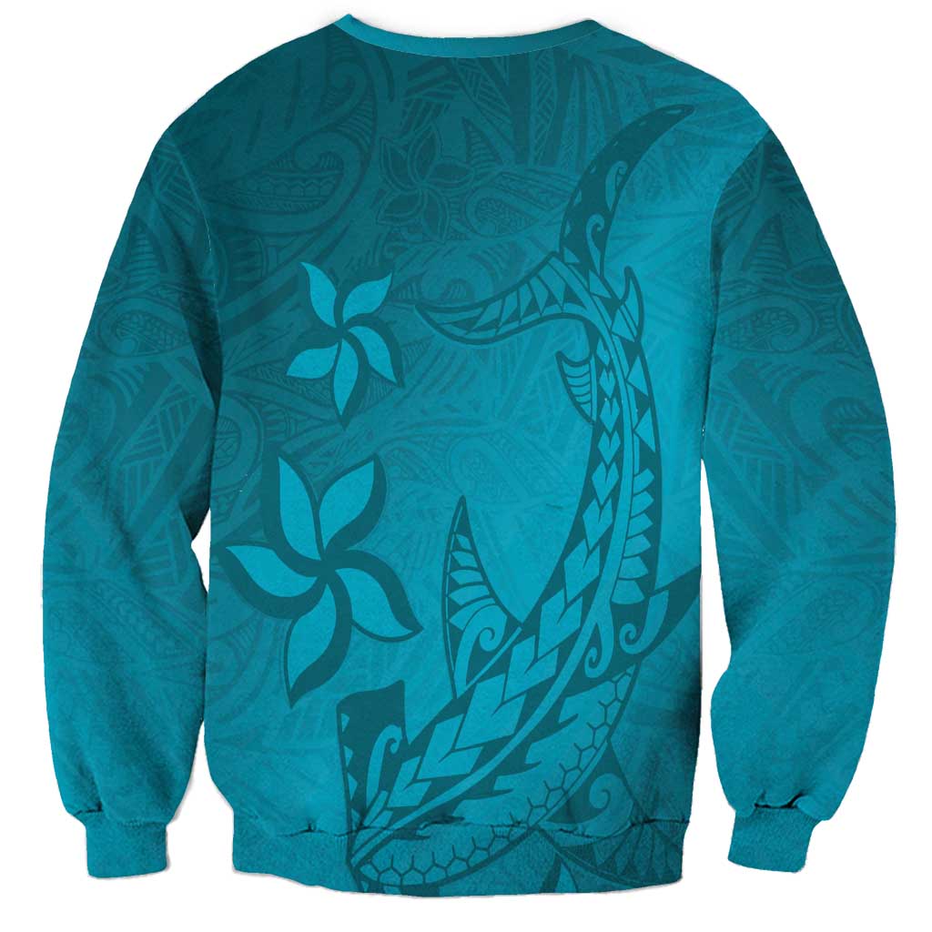 Dark Cyan Gradient Polynesia Sweatshirt Hawaiian Tribal Hammerhead Shark Tattoo