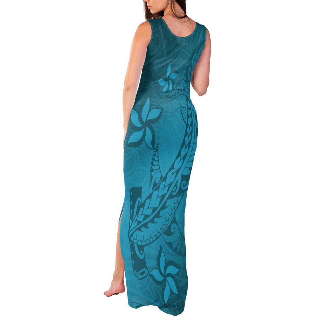 Dark Cyan Gradient Polynesia Tank Maxi Dress Hawaiian Tribal Hammerhead Shark Tattoo