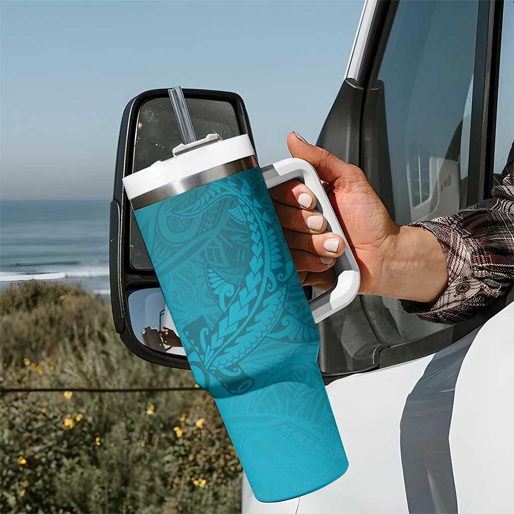 Dark Cyan Gradient Polynesia Tumbler With Handle Hawaiian Tribal Hammerhead Shark Tattoo