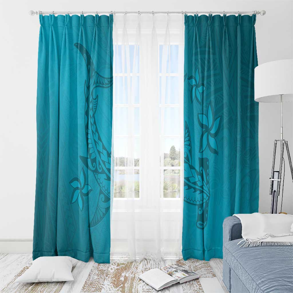 Dark Cyan Gradient Polynesia Window Curtain Hawaiian Tribal Hammerhead Shark Tattoo