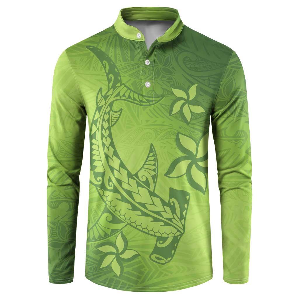 Green Gradient Polynesia Button Sweatshirt Hawaiian Tribal Hammerhead Shark Tattoo