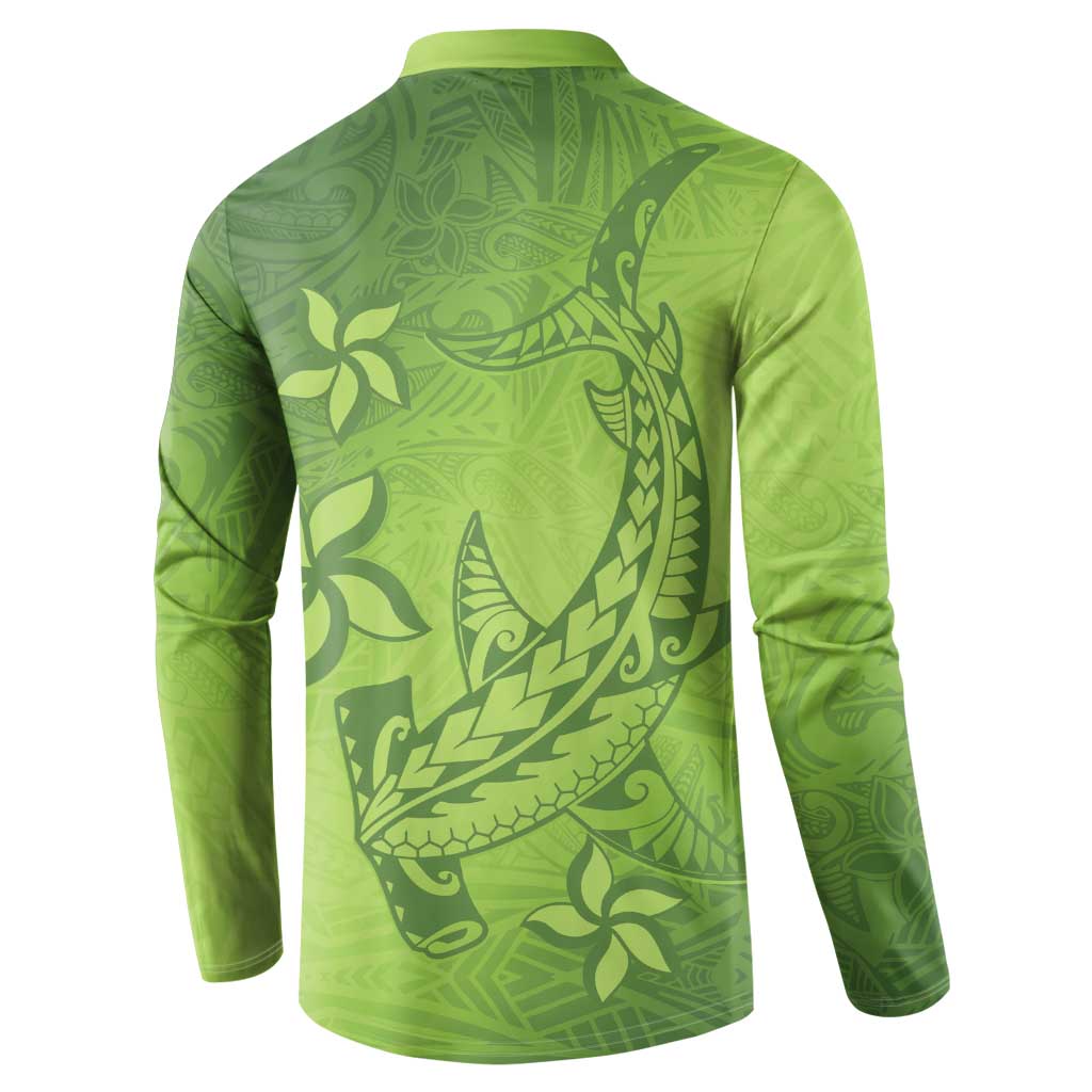 Green Gradient Polynesia Button Sweatshirt Hawaiian Tribal Hammerhead Shark Tattoo